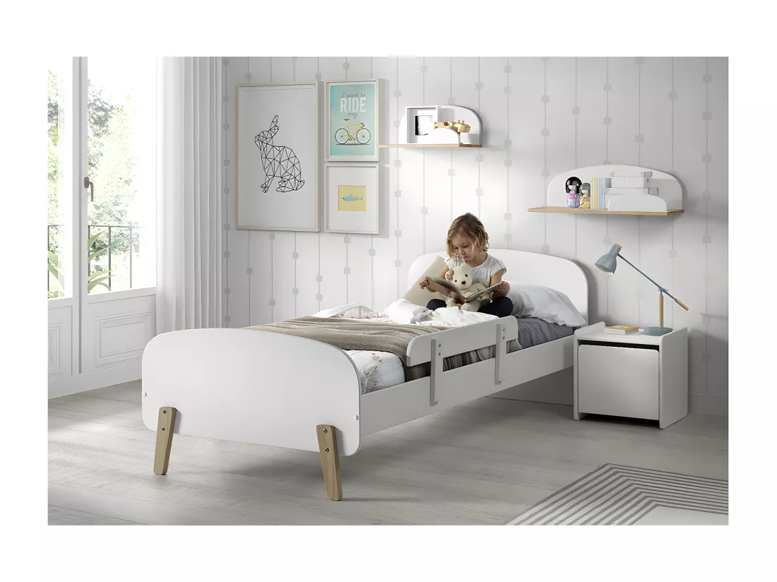 BODHI WHITE - Lit 90x200cm avec Barrière + Chevet + Coffre