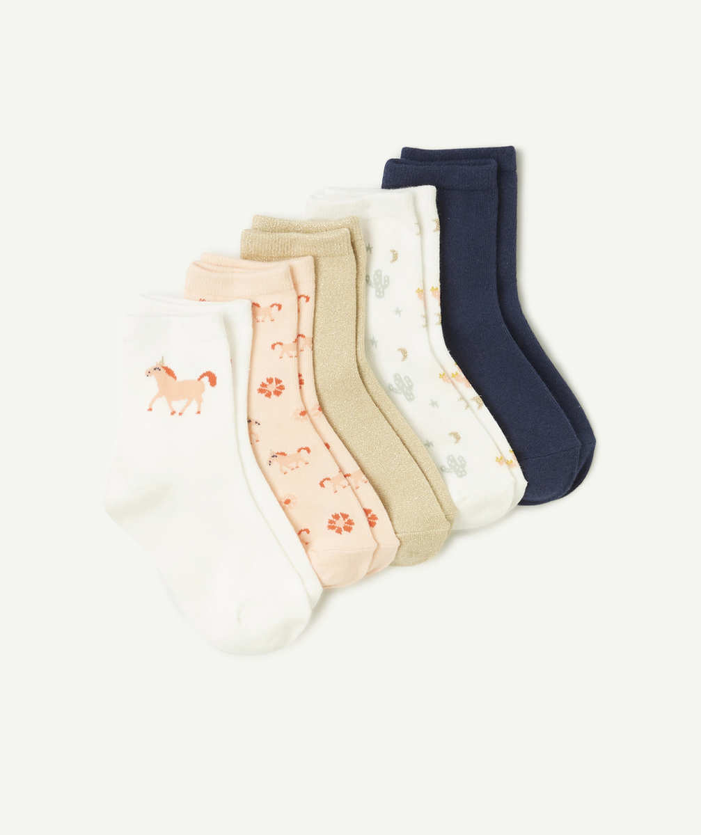 LOT DE 5 PAIRES DE CHAUSSETTES FILLE THÈME LICORNE BLEU ROSE ET COULEUR DORÉE
