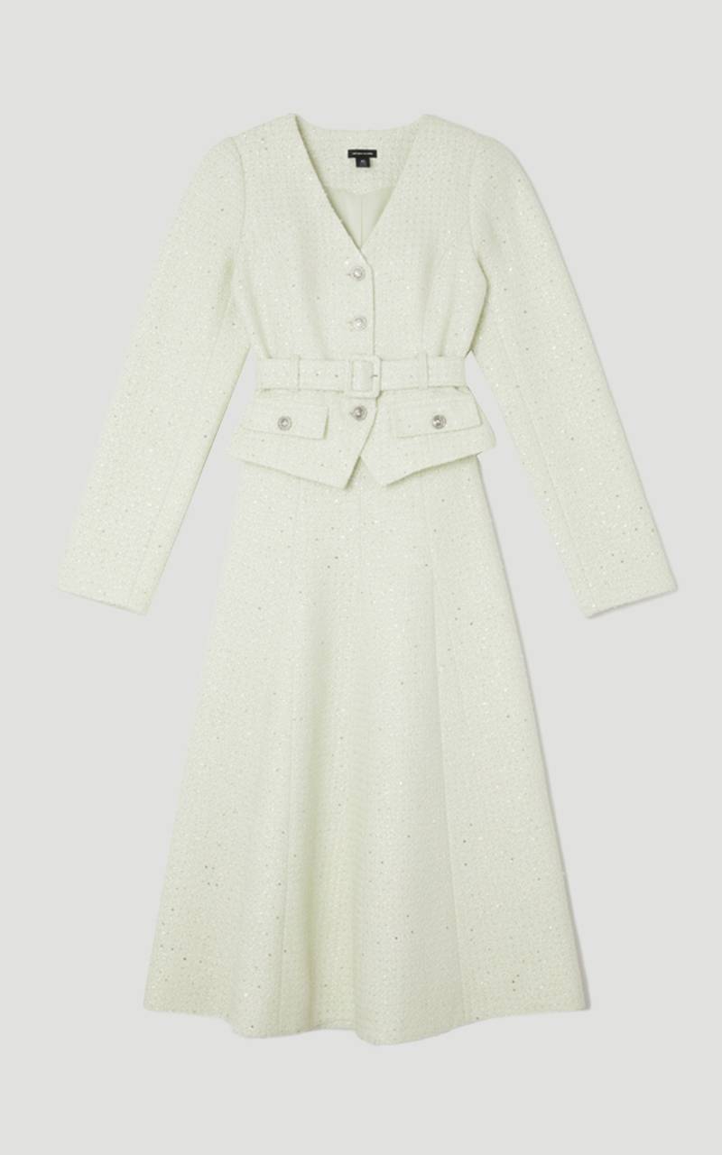 KarenMillen Robe Midi Évasée Sans Manches en Mélange Satin et Bouclé Ajustée