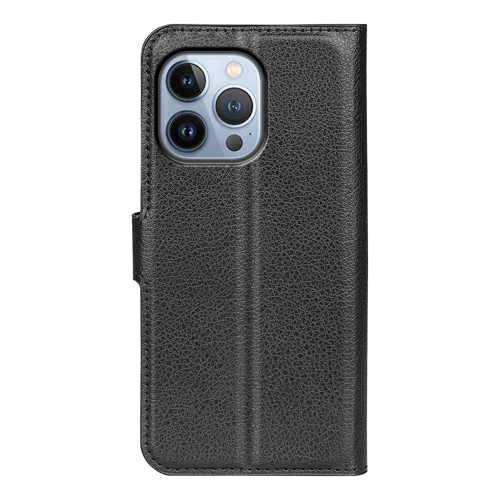 iPhone 14 Pro Max Leder Tasche Flip Cover Litchi Look - Schwarz