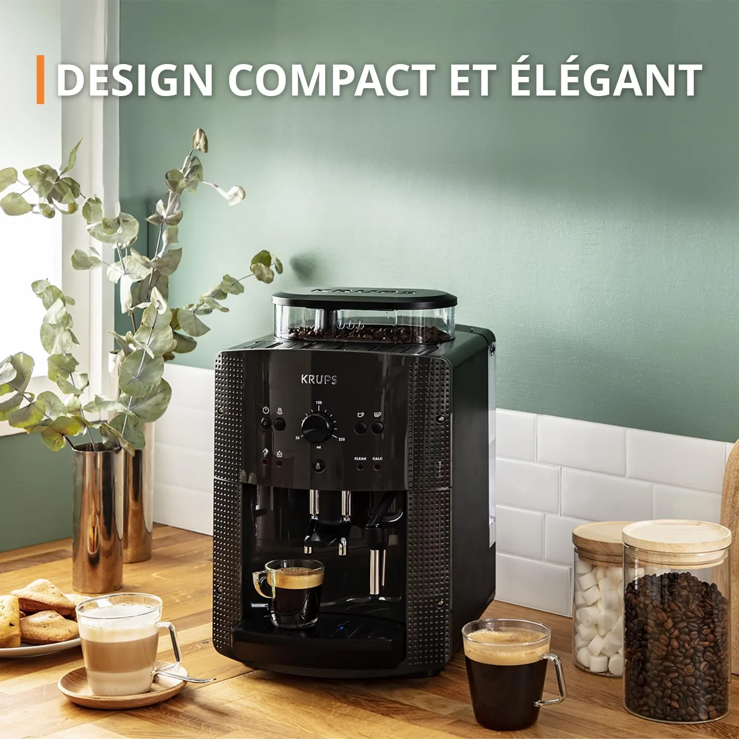 Krups Machine à café grain, 1,7 L, 2 tasses en simultané, Nettoyage automatique, Buse vapeur pour Cappuccino, Cafetière espresso, Essential noire YY8125FD, Noir