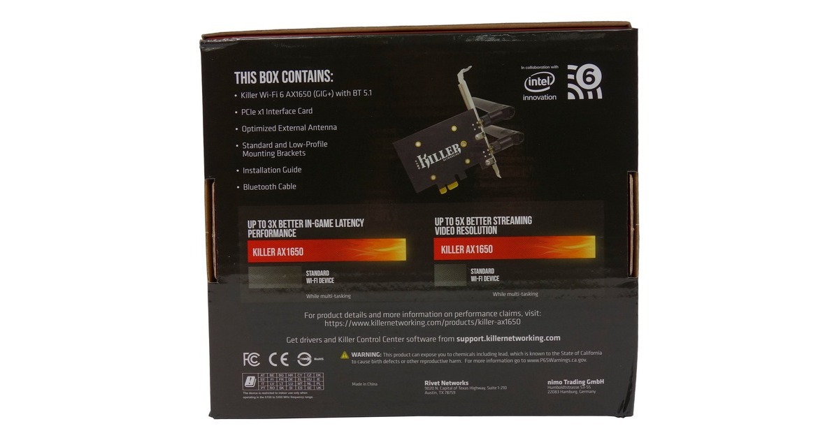 Rivet NetworksKiller Wi-Fi 6 AX1650 wlan adapter  (Zwart,  Bluetooth 5.1)