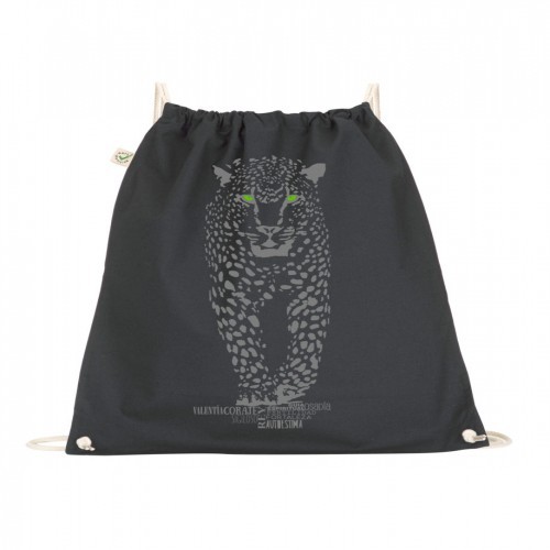 Mochila preta com estampa de totem de onça-pintada
