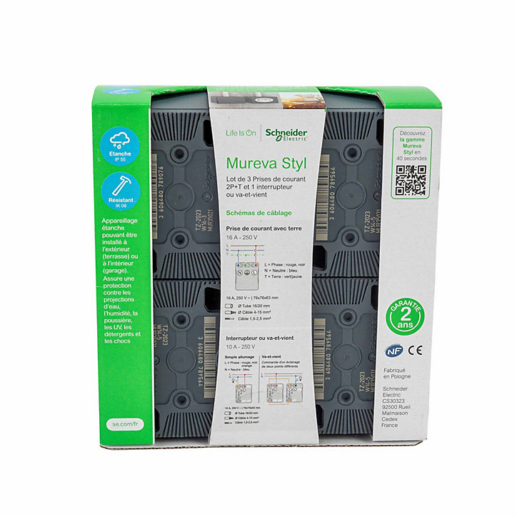 3 prises avec terre + 1 interrupteur va-et-vient Schneider Electric Mureva Styl gris anthracite, lot
