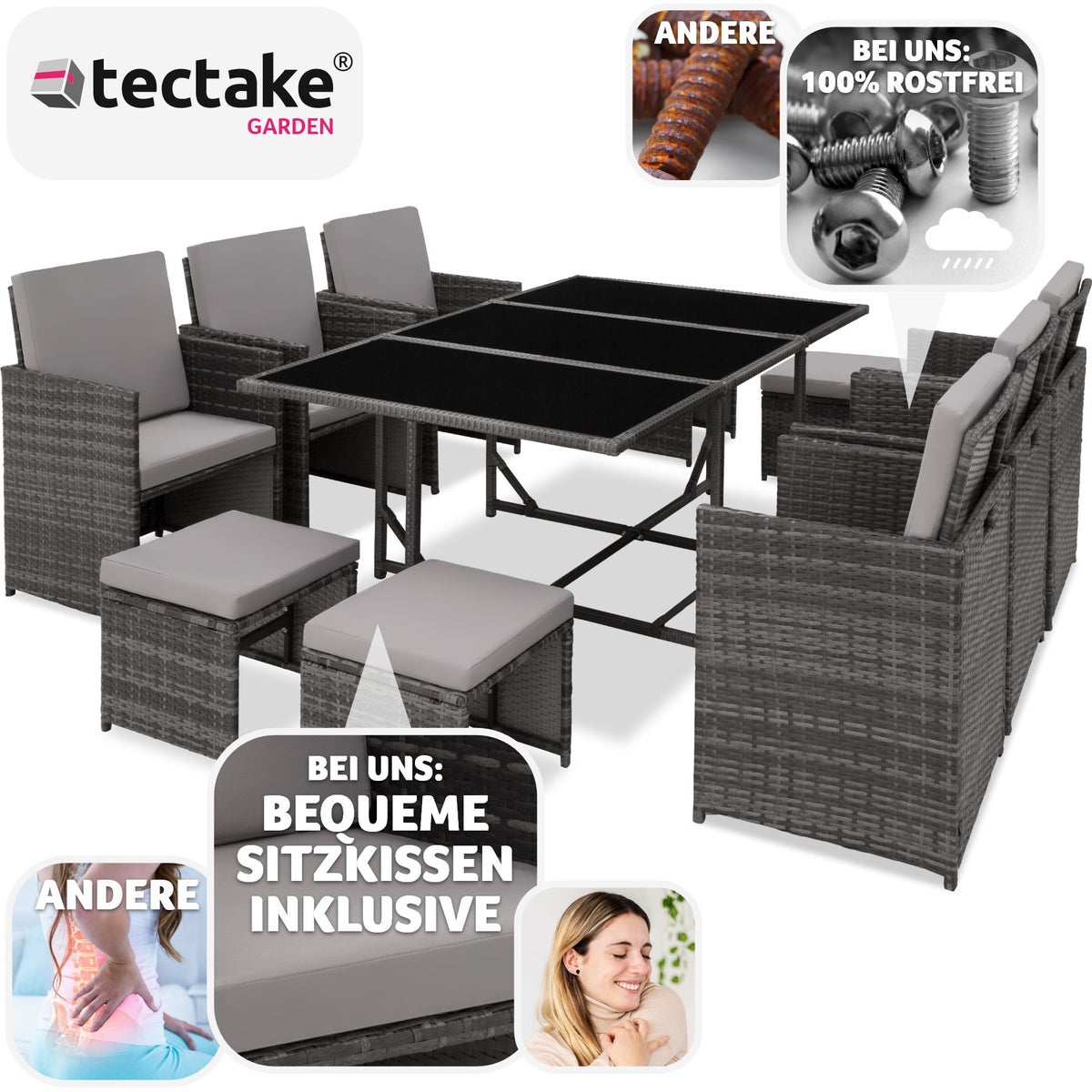 tectake Malaga rotan zitgroep voor 6 tot 10 personen, inklapbaar, inclusief beschermhoes