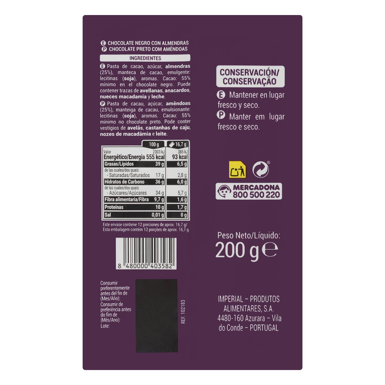 Chocolat noir 55% de cacao Hacendado aux amandes