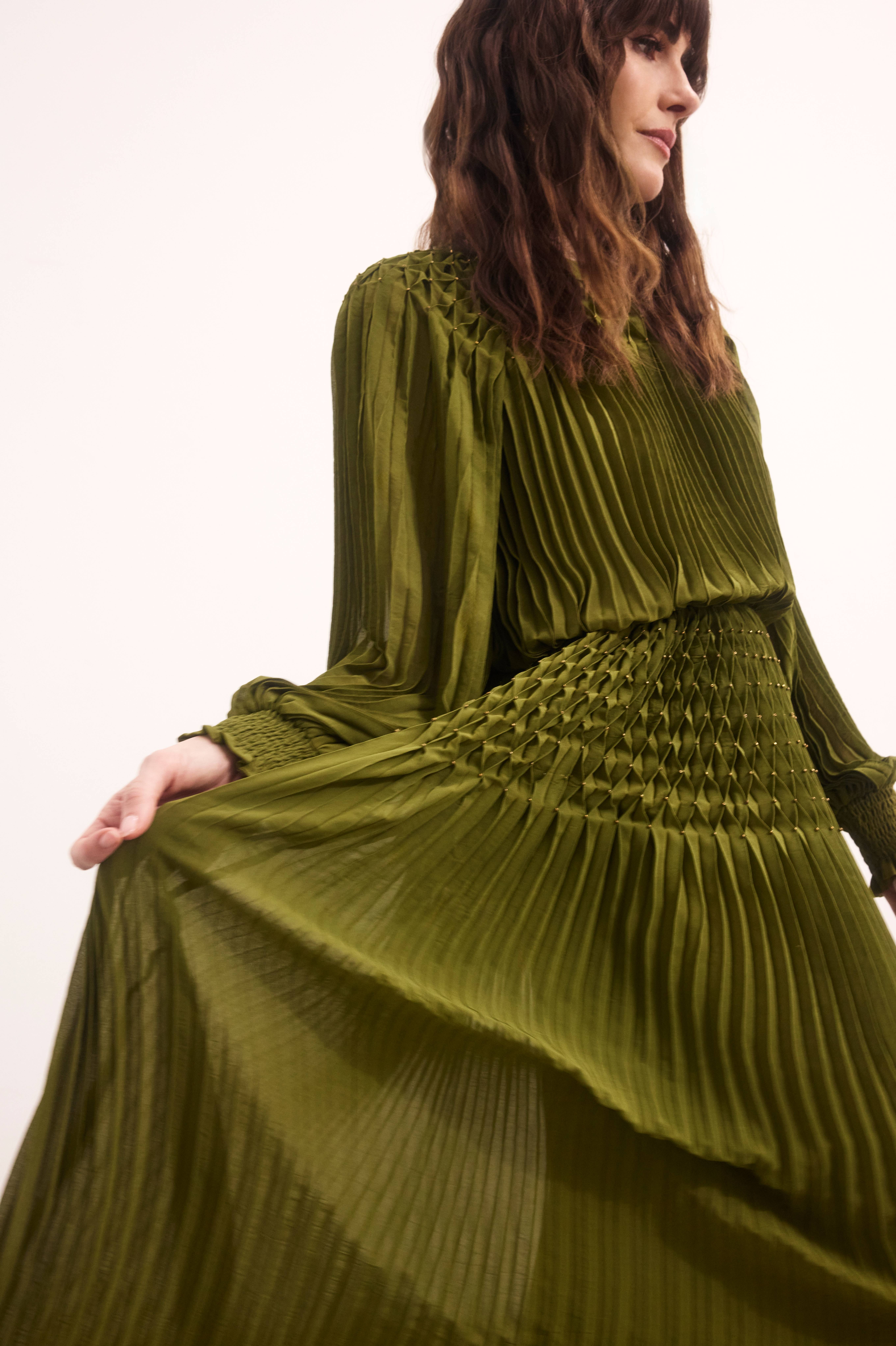 KarenMillen Robe Longue Plissée À Manches Ballon Et Détails De Perles
