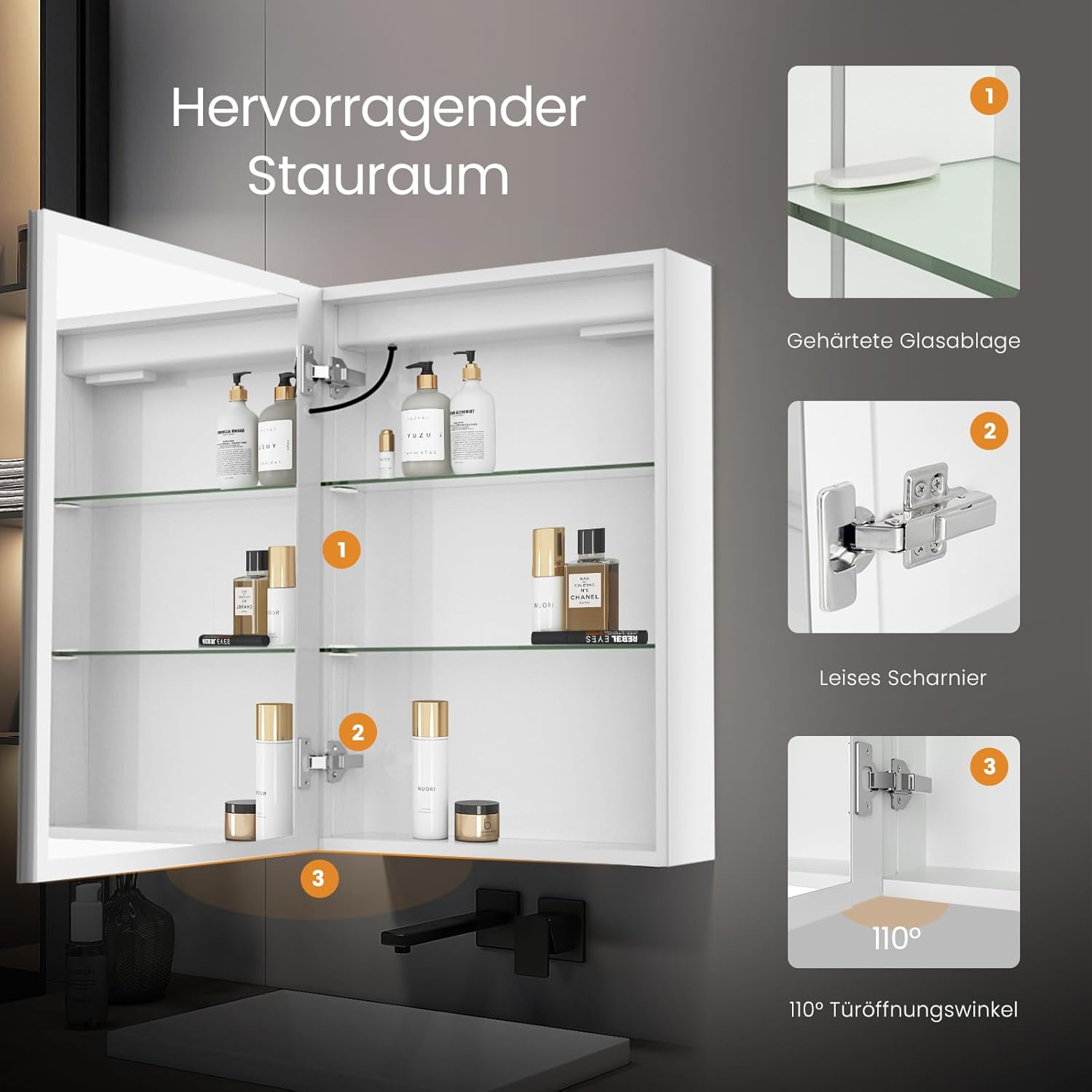 EMKE Spiegelschrank Bad Mit Beleuchtung 50x70cm, 3 Dimmbare Lichtfarben, Antibeschlag, Steckdose, Badezimmer Mit Glasablage, Weißer Doppelspiegel, Speicherfunktion