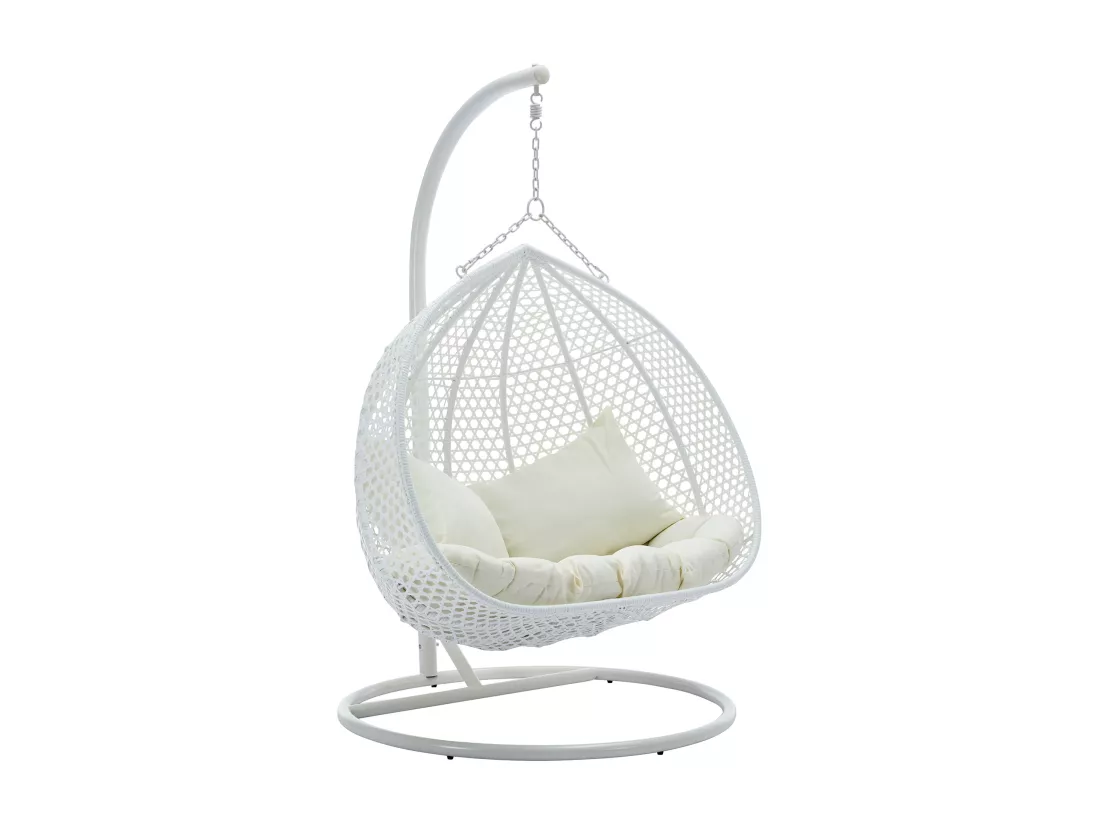 Fauteuil suspendu 2 places en résine tressée - Blanc et coussin beige - VAHINA de MYLIA