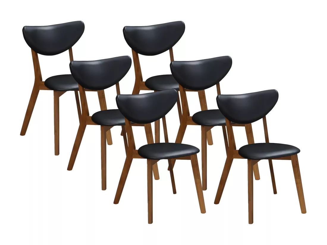 Lot de 6 chaises en simili et bois d'hévéa naturel foncé - Noir - LISETTE