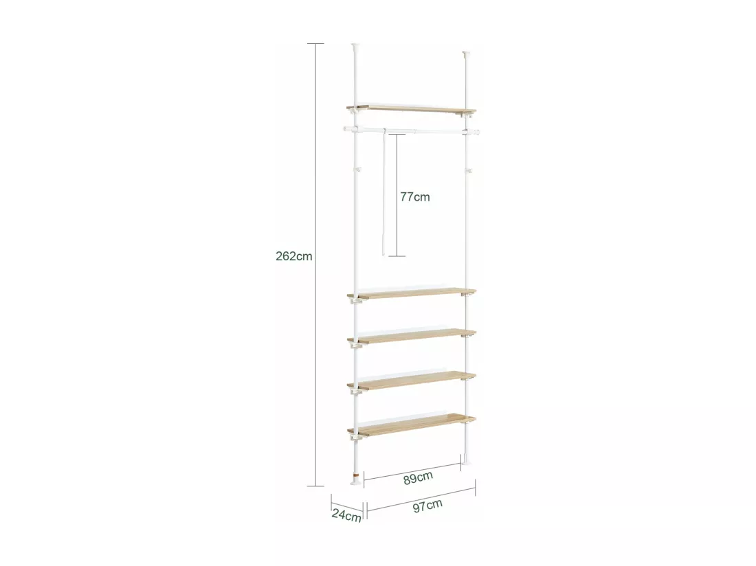 SoBuy Télescopique Porte-vêtements Système de Penderie Télescopique Porte-Manteau Réglable, 1 Barre, 3 Étagères et 1 Vêtement Fork, L97 x H(193-262)cm, Blanc, KLS15-WN