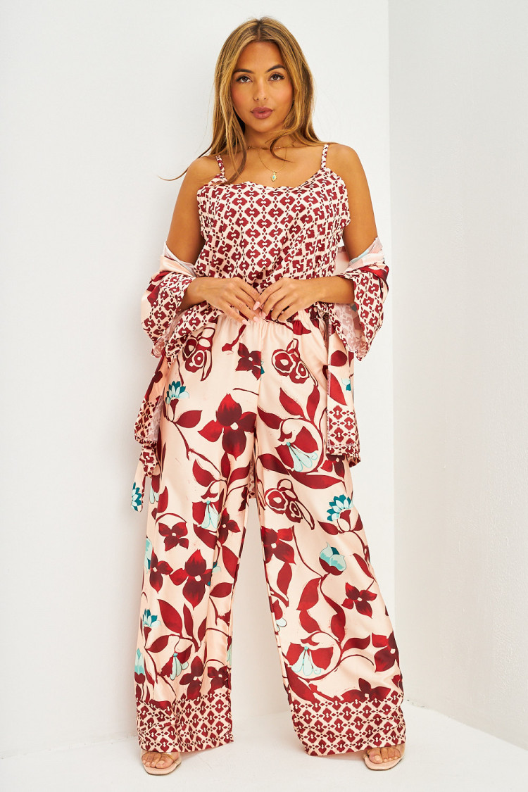 Ensemble satiné 3 pièces top + kimono + pantalon fluide à motifs méditéranéens rose clair et marron