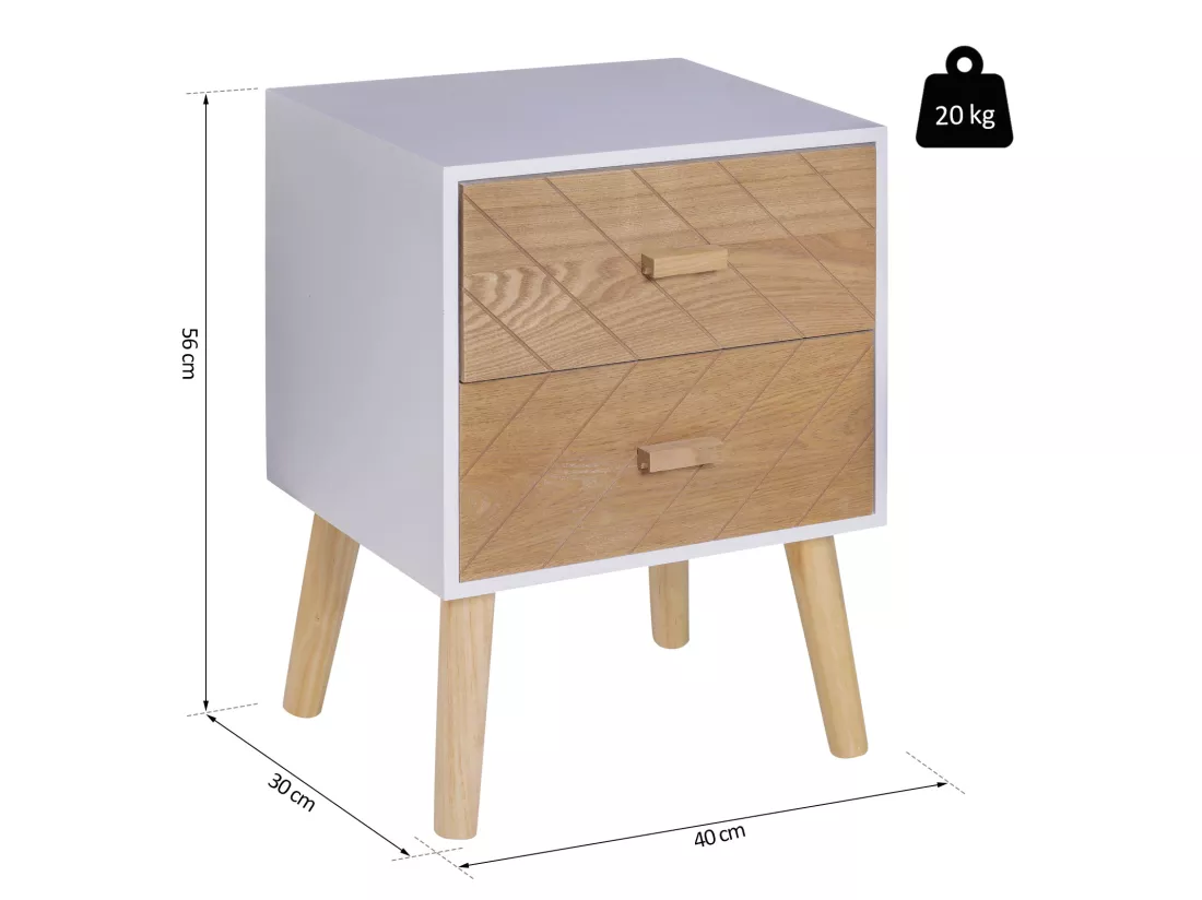 Chevet table de nuit design scandinave 40L x 30l x 56H cm 2 tiroirs bois massif pin MDF blanc et hêtre motif graphique