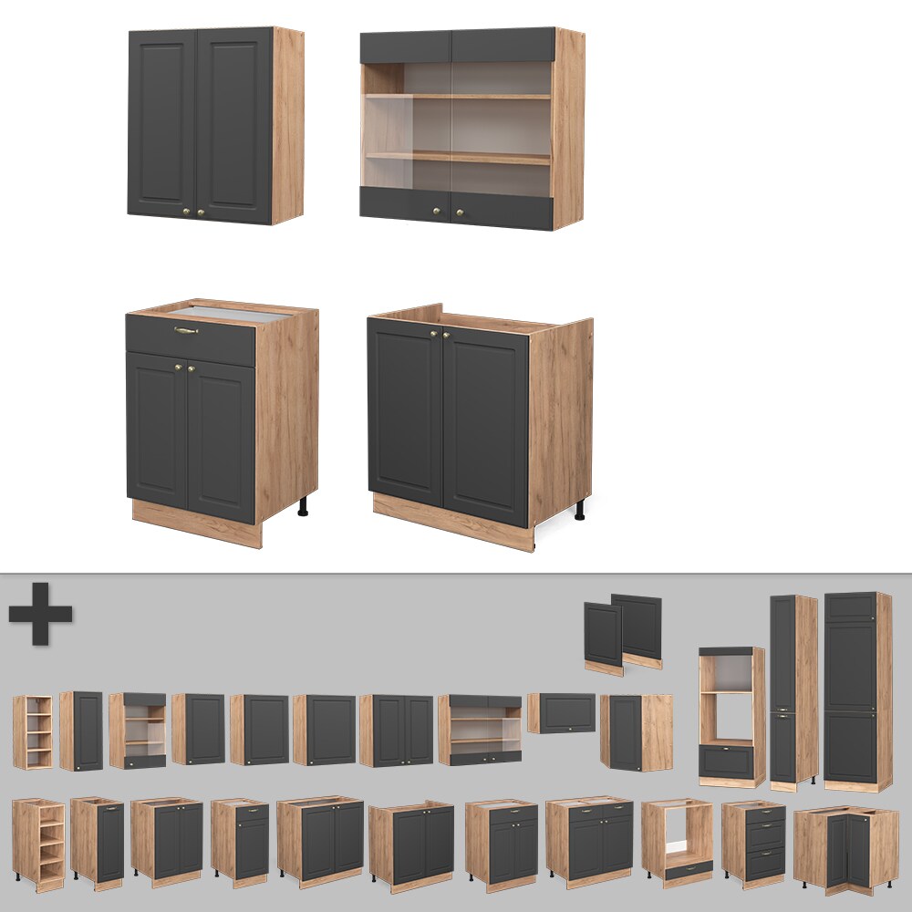 Vicco Küchenzeile Küchenblock Einbauküche Fame-Line Single Landhaus Eiche Anthrazit Gold 140 cm modern Küchen Schränke Spülenunterschrank Schubunterschrank Hängeschrank Hängeglasschrank
