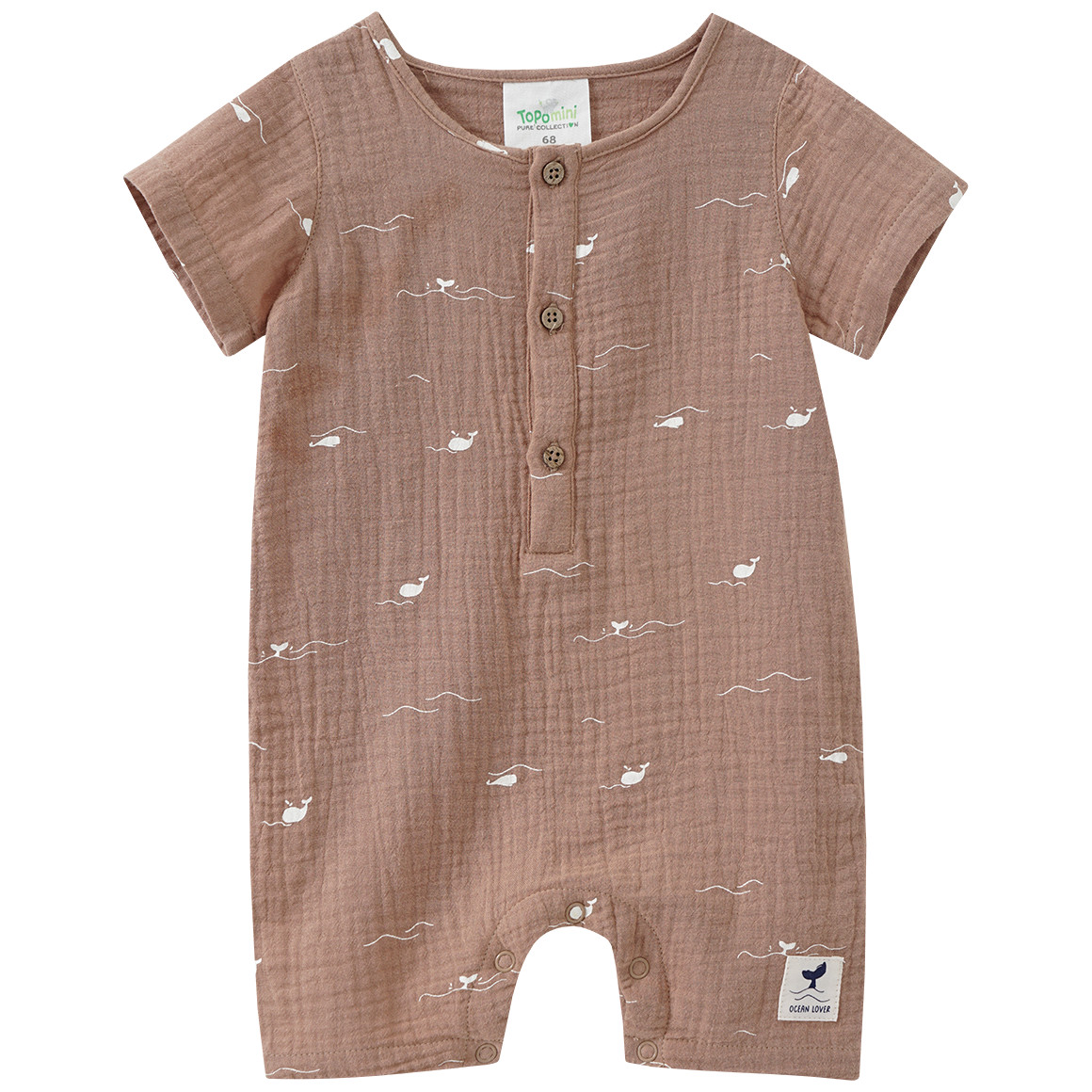 Topomini Pure Collection Newborn Musselin-Overall mit Wal-Prints braun