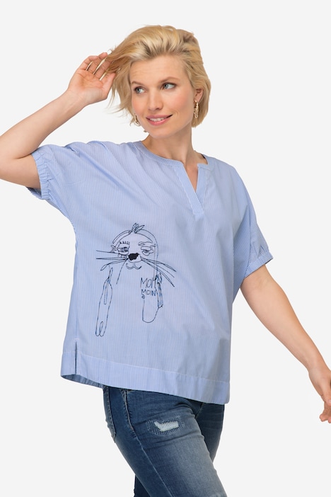 Streifenbluse, oversized, Robben Print, Halbarm