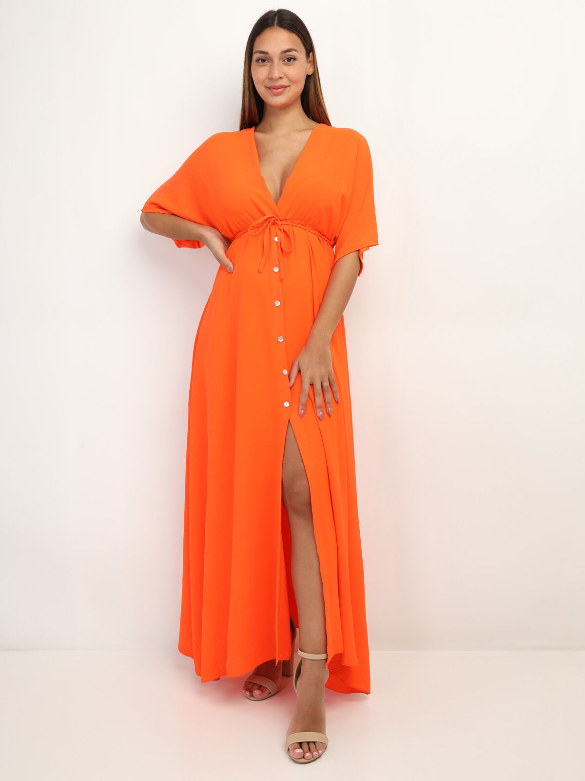 Robe longue boutonnée à fente- orange