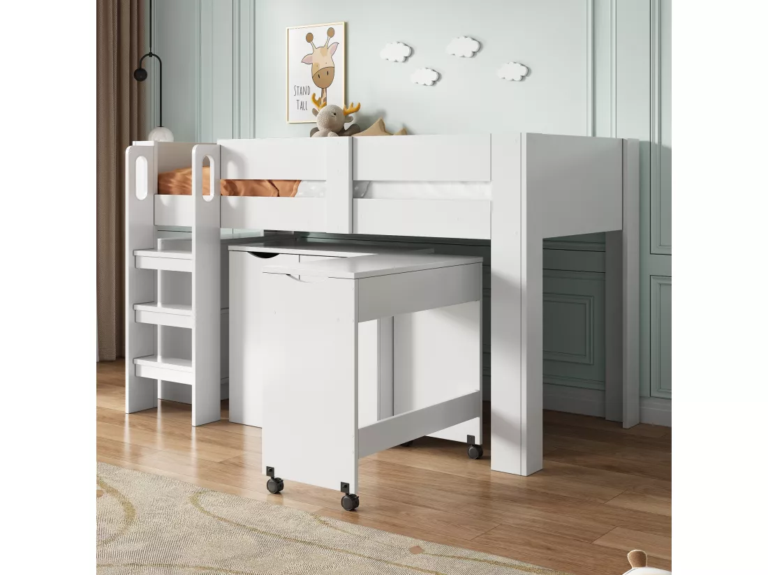 Lit mezzanine 90 x 200 cm avec bureau coulissant, armoire et tabouret - Bois MDF - Blanc (sans matelas)