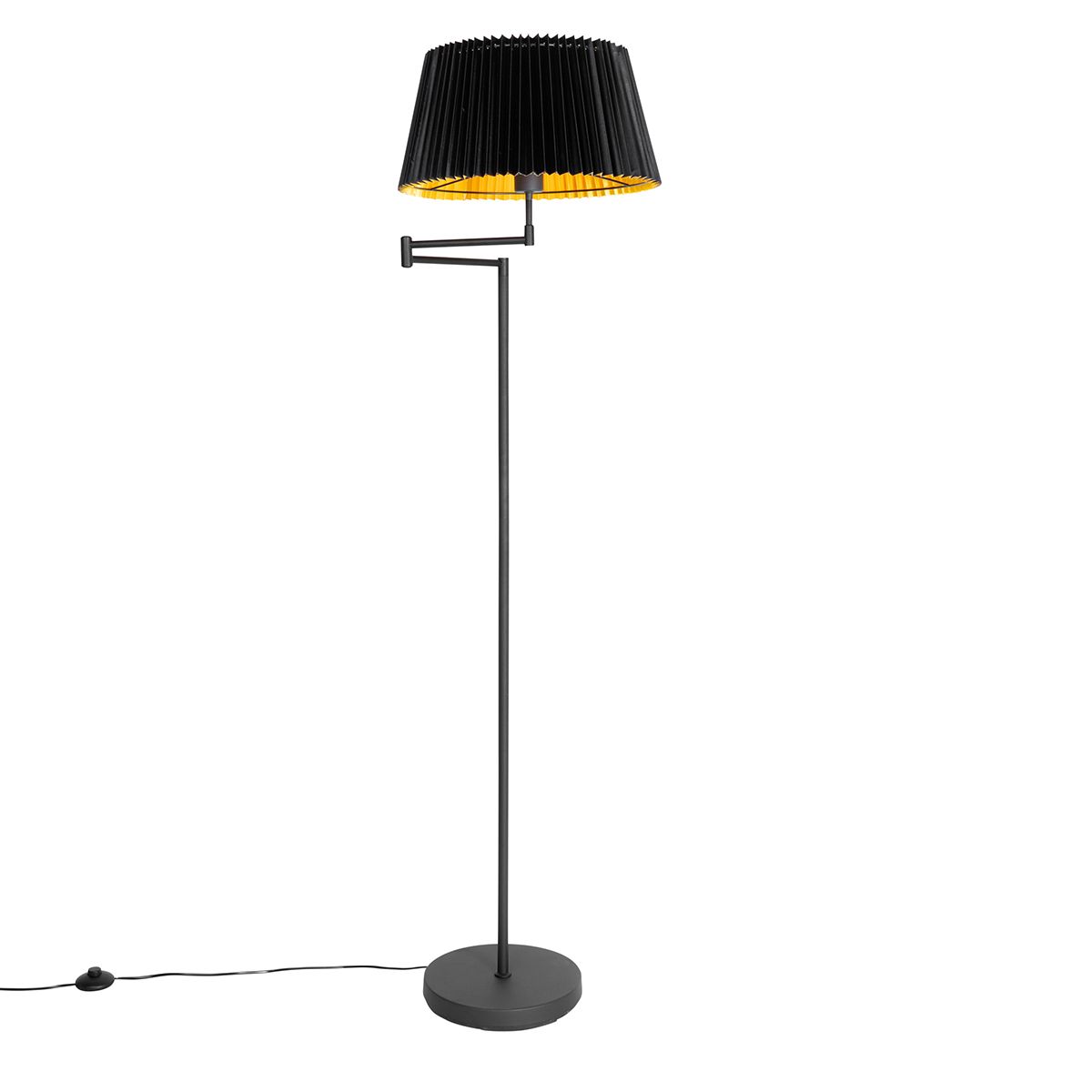 Vloerlamp zwart met zwart plisse kap en verstelbare arm - Ladas Deluxe