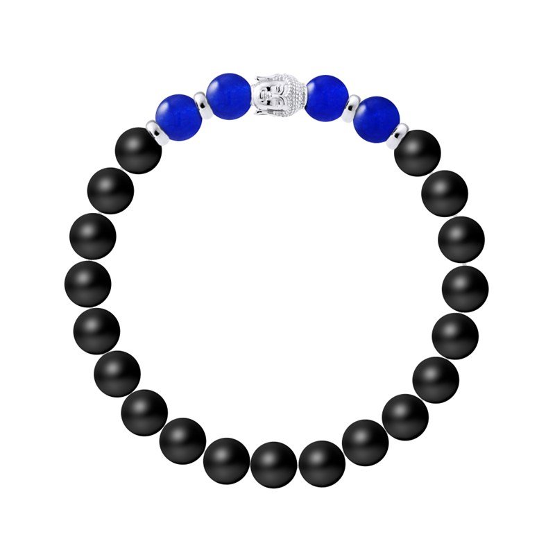 Bracelet BUDDAH Calcédoine Bleue Véritable - Agate Noire Matte en Argent 925