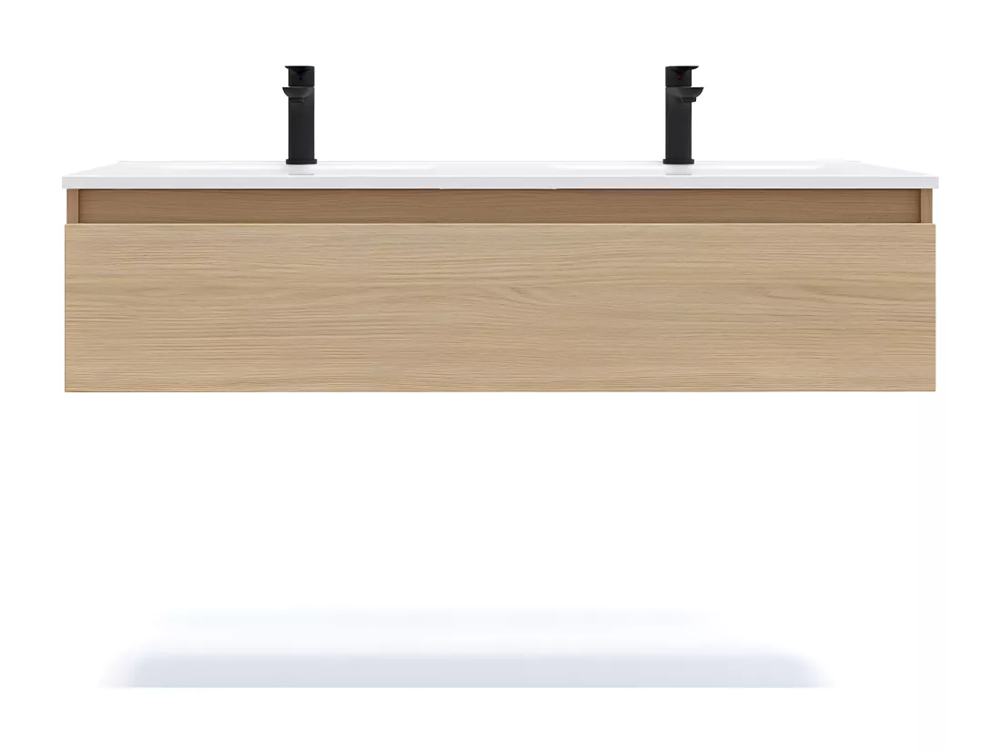 Meuble de salle de bain suspendu double vasque intégrée 120cm 1 tiroir Chêne clair - Hudson