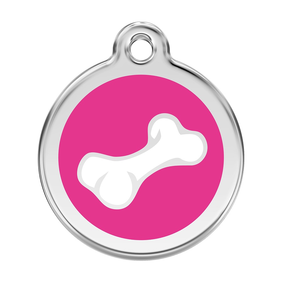 Placa de identificação para cães em aço inoxidável esmaltado com desenho de osso de quadrinhos rosa choque