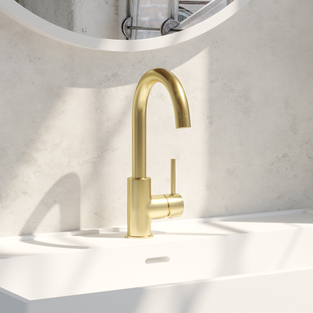 Brauer Gold Edition ColdStart wastafelkraan met draaibare ronde uitloop model A geborsteld messing PVD