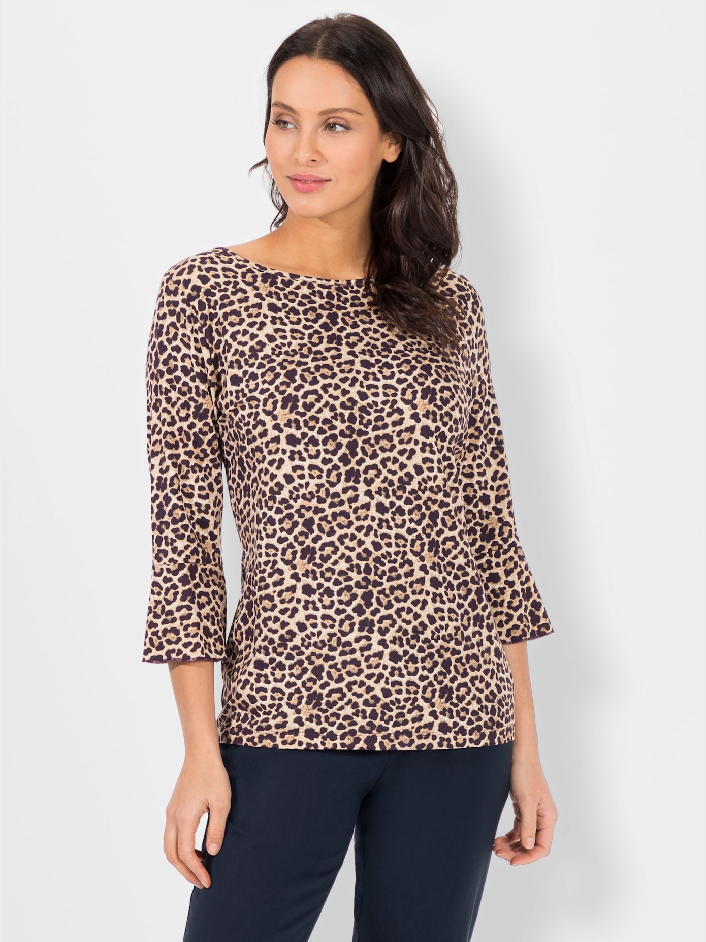 T-shirt femme imprimé félin col rond manches 3/4 volantées