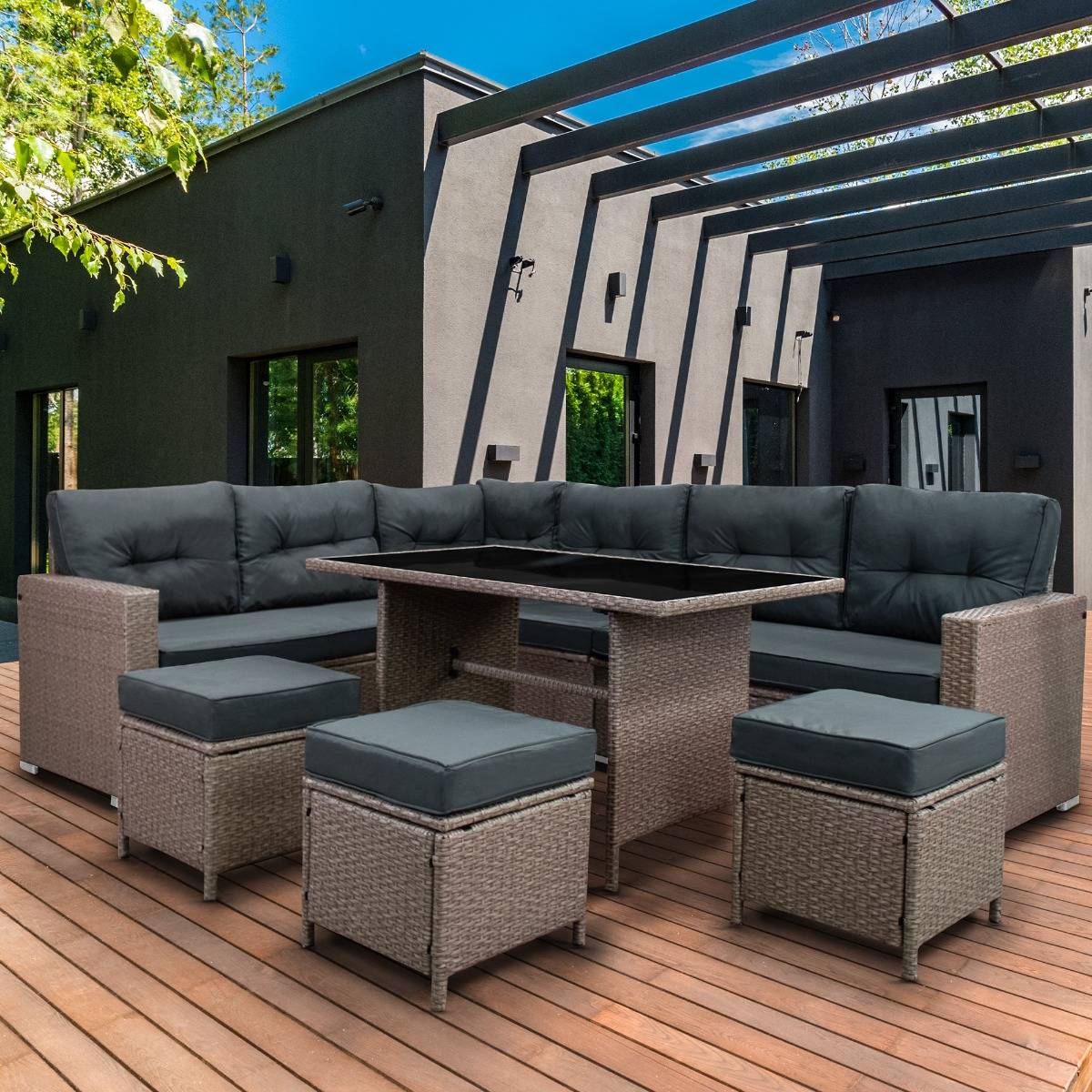 Conjunto de móveis de canto para jardim em rattan - Cinza