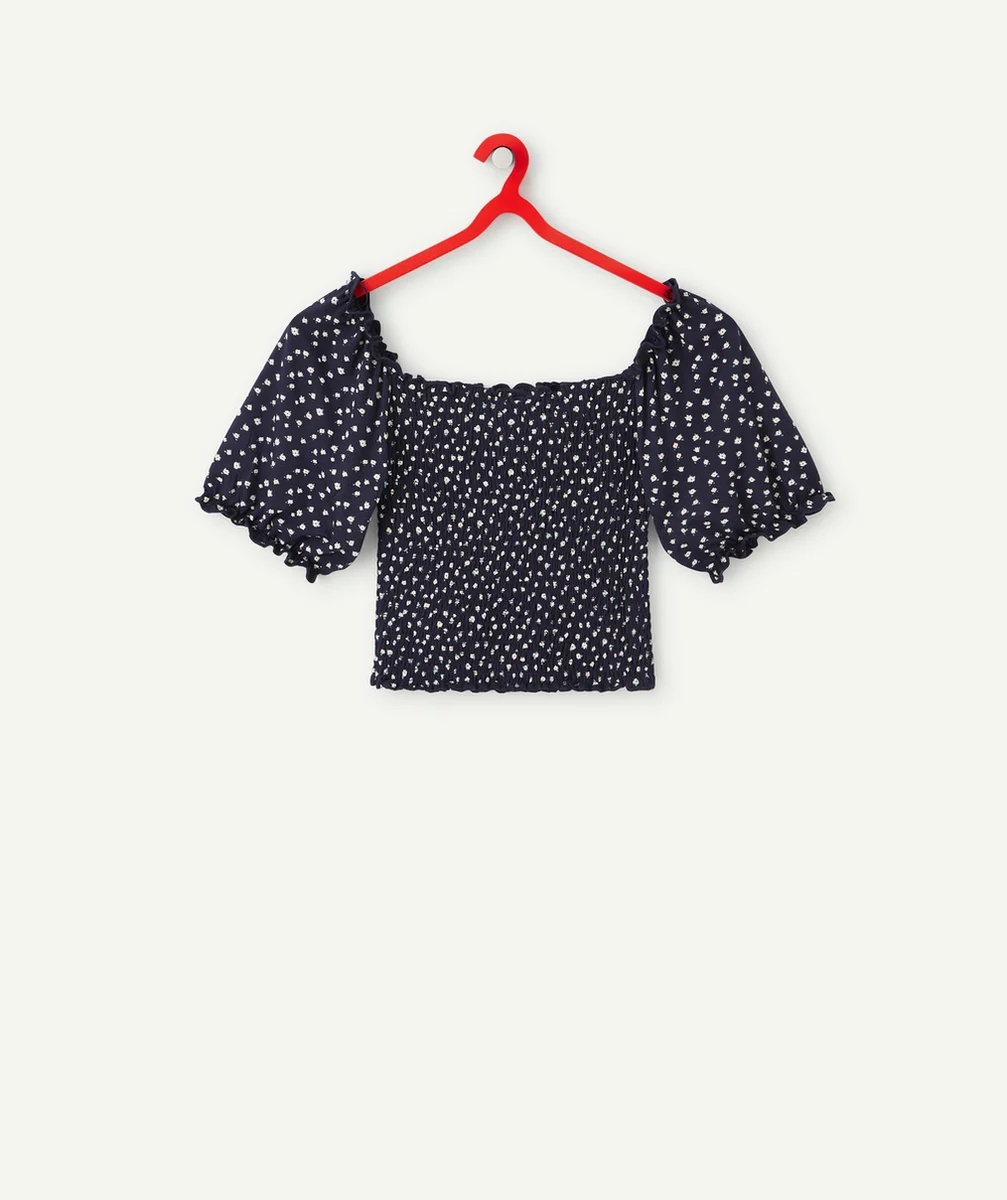 T-SHIRT COL BARDOT FILLE BLEU MARINE AVEC IMPRIMÉ FLEURI