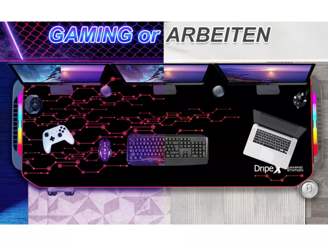 Bureau Gaming Ergonomique, Table d'ordinateur avec LED,Grand Bureau de jeu avec Panier à Boissons Crochet Pour Casque,Adapté au Bureau Maison,140x60x75cm