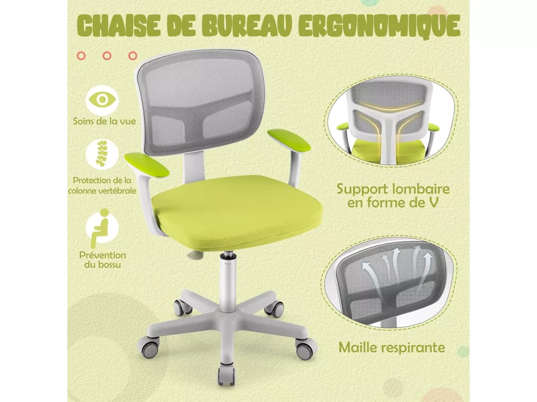 Chaise de Bureau Pivotante Enfants avec Hauteur Réglable 80-91,5cm, Siège à Roulettes Enfants Coussin Amovible, Verrouillage Automatique, 3-10 Ans, Vert