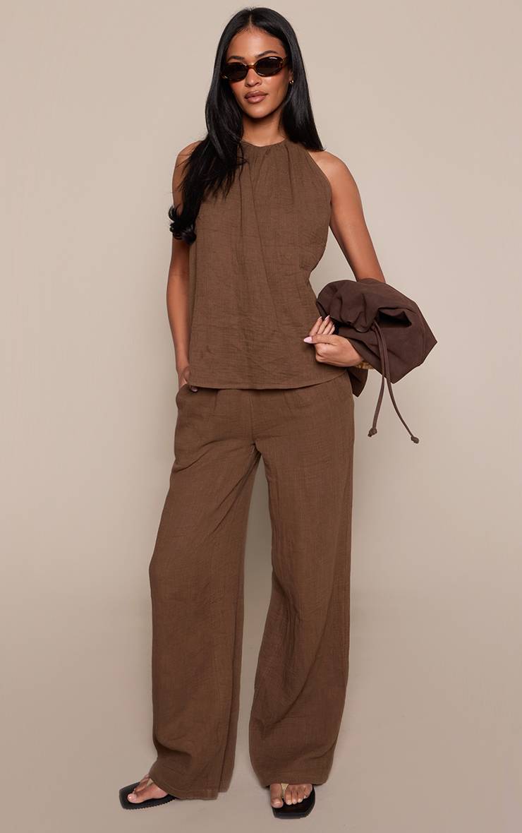Kaki Haut Ample Texturé Effet Lin Ensemble Coordonné Tall