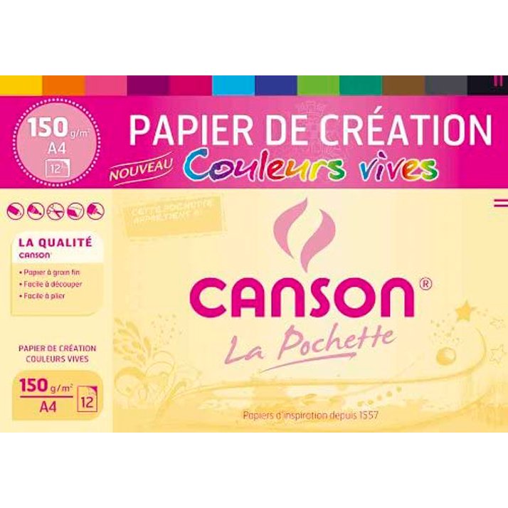 Pochette 12 feuilles papier couleurs vives assorties Canson Création 21 x 29,7 cm, 150 g