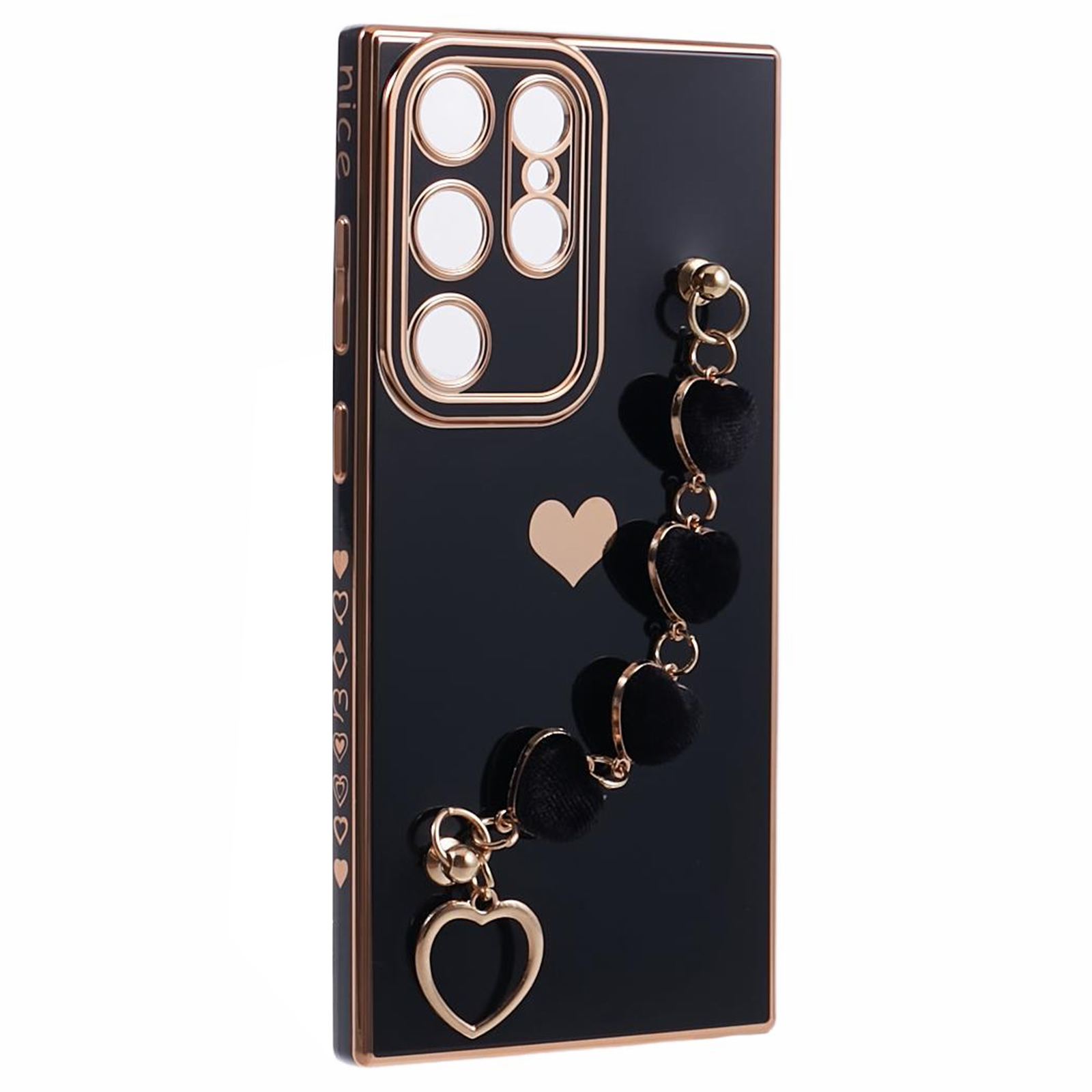 Samsung Galaxy S23 Ultra 5G Gummi Hülle mit Plüsch Herz Kette Handschlaufe   Kameraschutz - Schwarz / Gold
