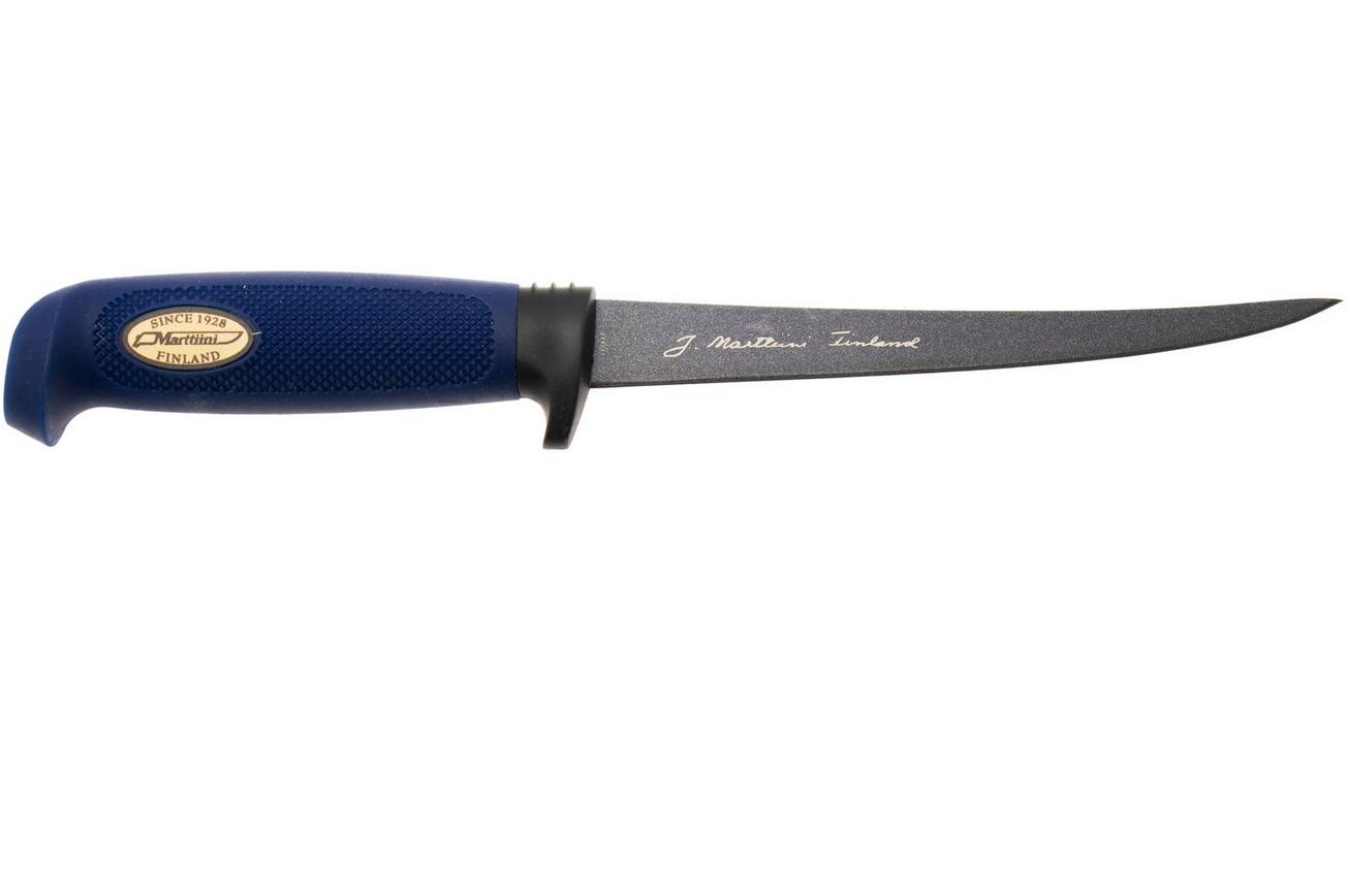 Marttiini Martef Filleting Knife 15 826017T Stainless, Blue Rubber, vaststaand mes plastic schede