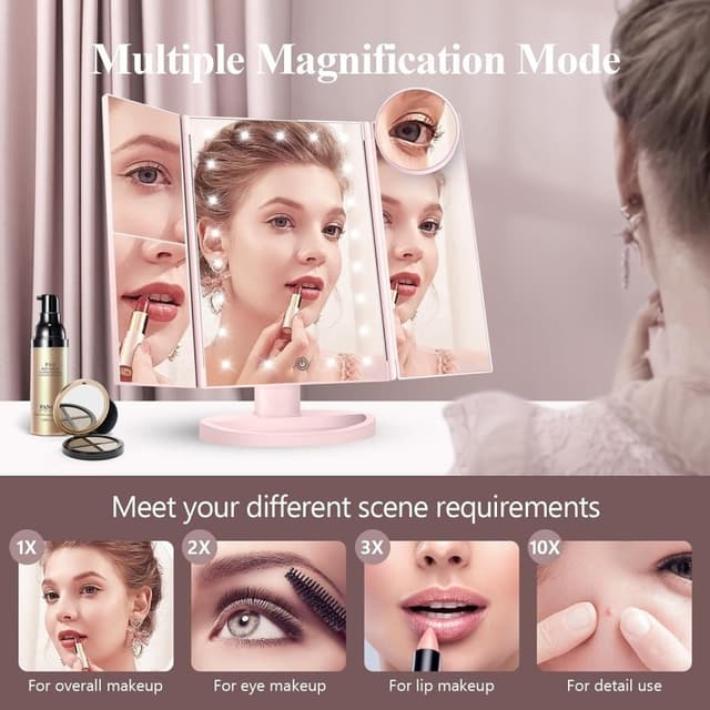 3-sidet sammenfoldelig makeup spejl, der kan dæmpes lys 22LED bordspejl