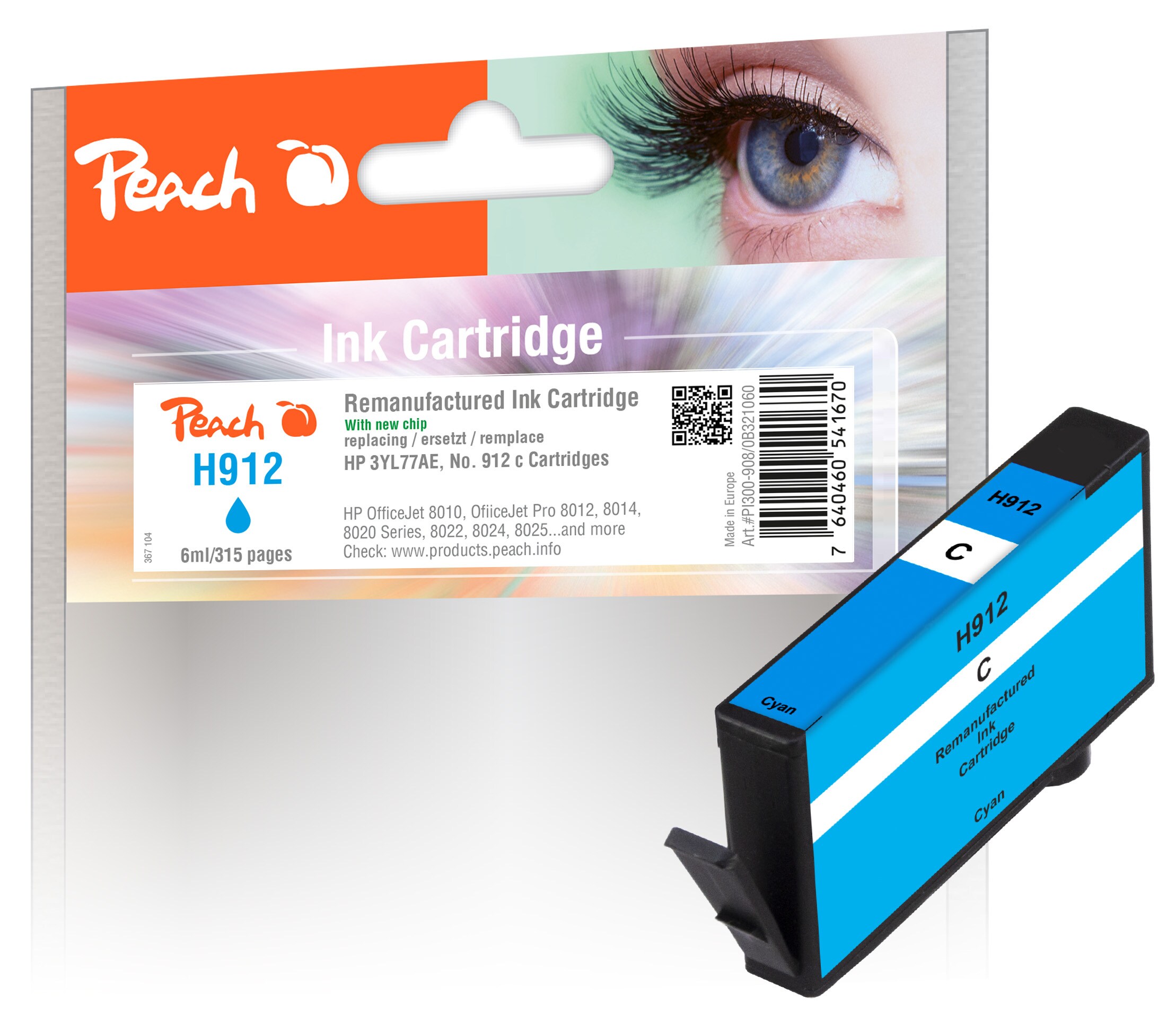 Peach HP 912 C Druckerpatrone cy ersetzt HP No. 912 C, 3YL77AE für z.B. HP OfficeJet Pro 8014, HP OfficeJet 8010, HP OfficeJet Pro 8012 (wiederaufbereitet)