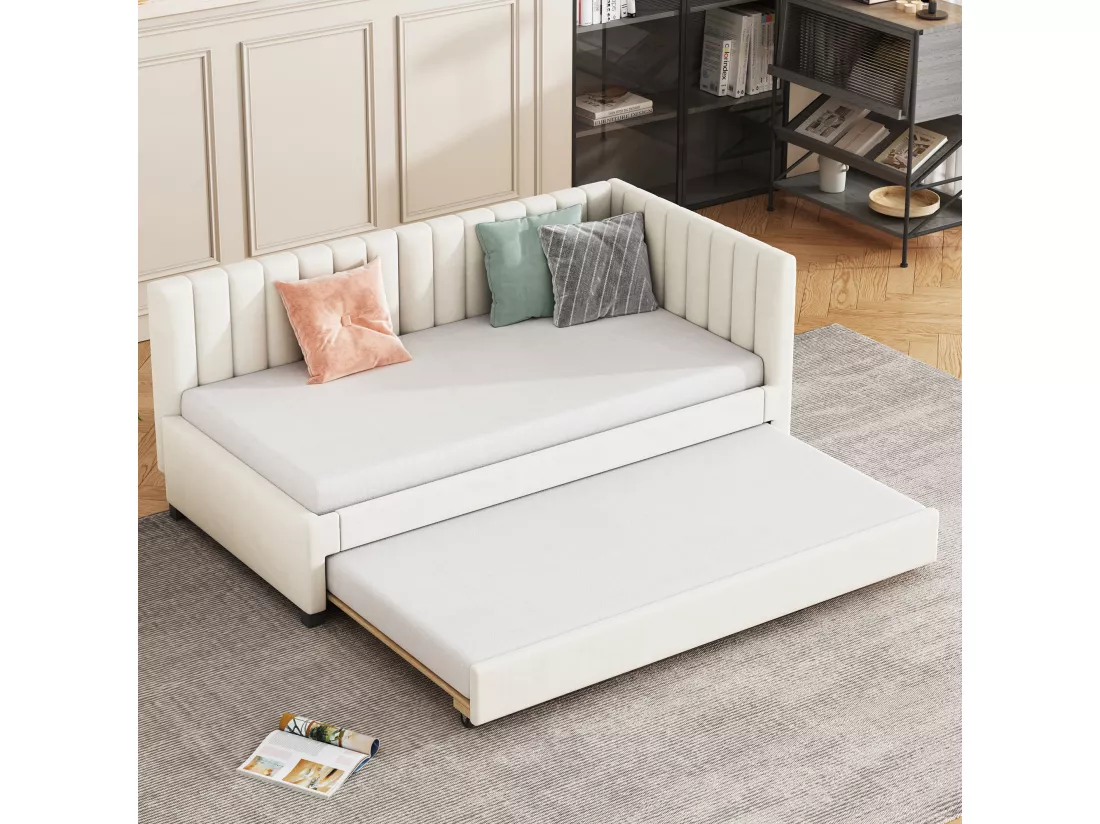 Lit simple 90x200 cm avec un lit gigogne - rembourré en velours avec sommier à lattes - Beige