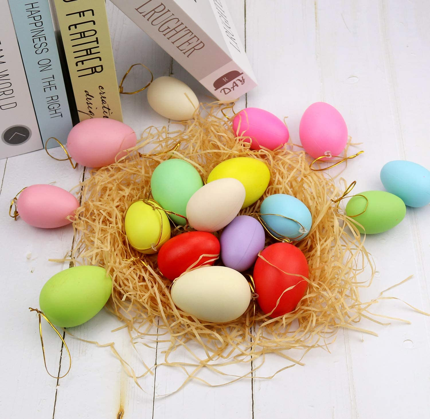 (50er Set) Ostereier Dekoration mit Aufhängeband Accessoire für Ostern - Bunt