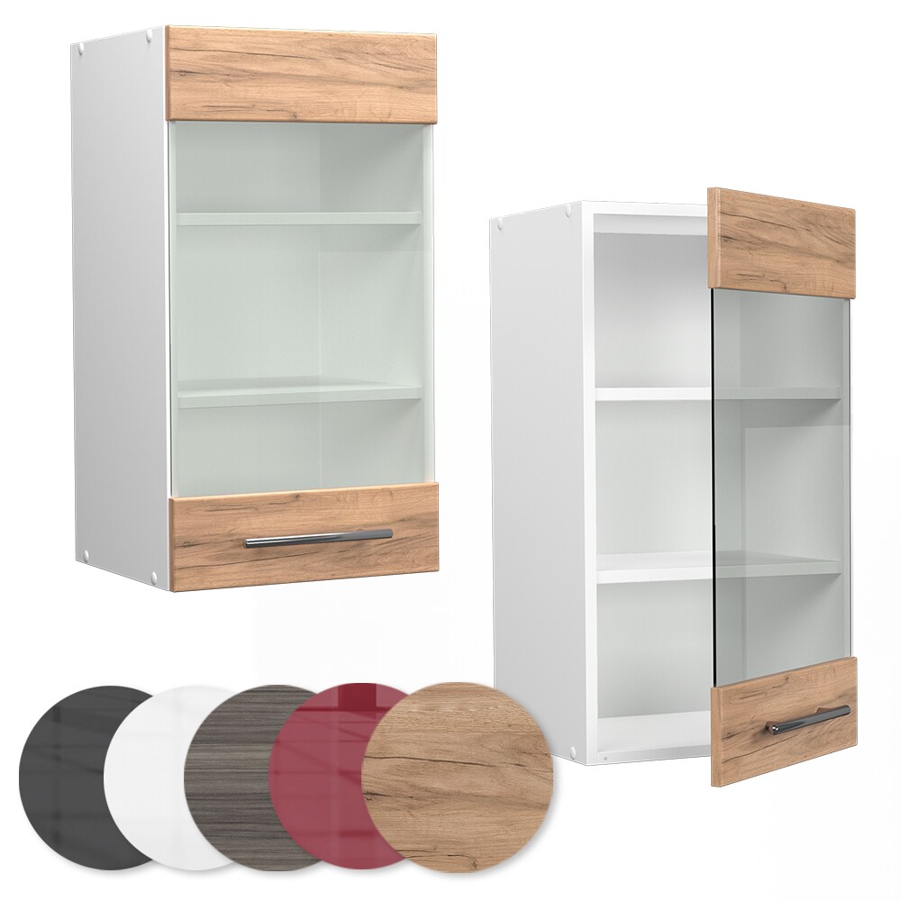 Vicco Hängeglasschrank Küchenschrank Küchenmöbel Fame-Line Weiß Eiche modern 40 cm Küche Einbauküche Hängeschrank Glasschrank Drehtür Einlegeboden Küchenzeile