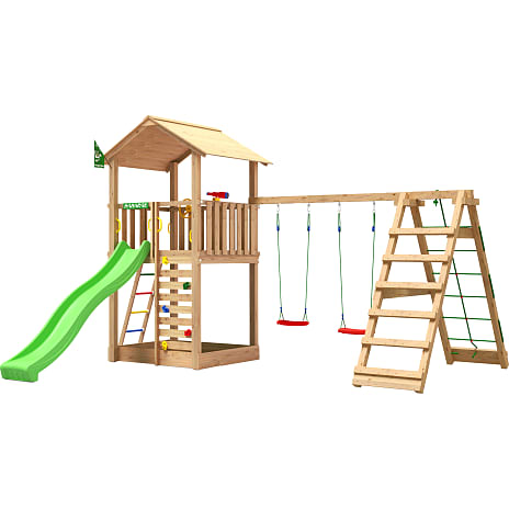 Jungle Gym Sierra legetårn komplet inkl. klatremodul og grøn rutsjebane