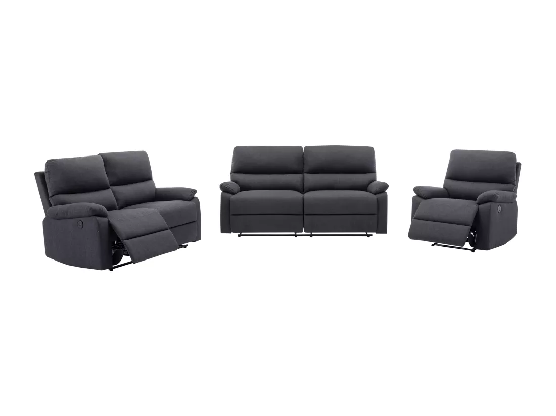 Canapé 3 places, 2 places et fauteuil relax électrique en tissu gris anthracite LUNANO