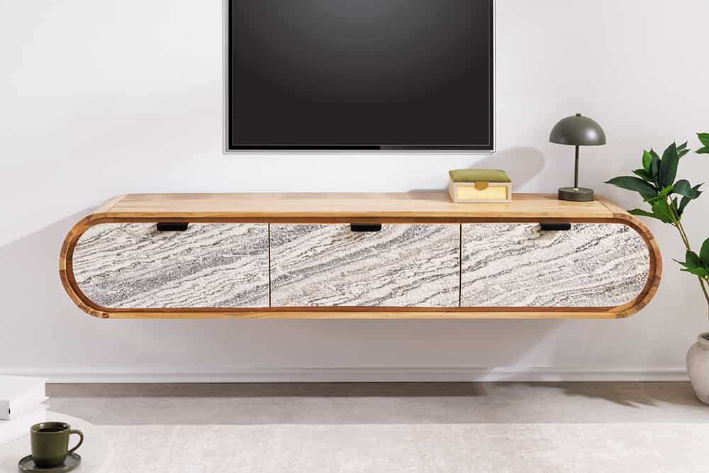 Hängendes TV-Board ORGANIC 160cm natur Akazie schwarz weiß Steinfurnier Schubladen