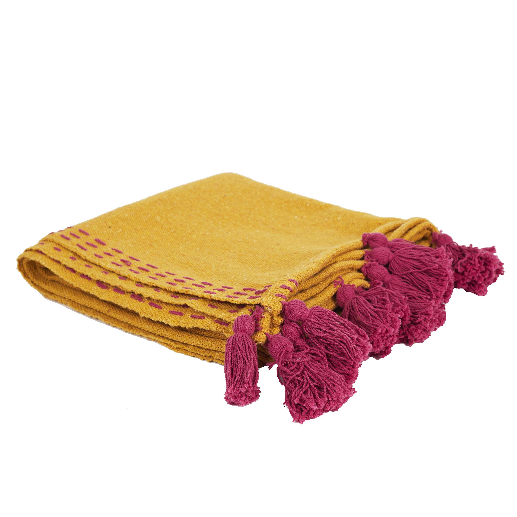 JETE DE CANAPE SURPIQUE POMPONS JAUNE 130X150CM