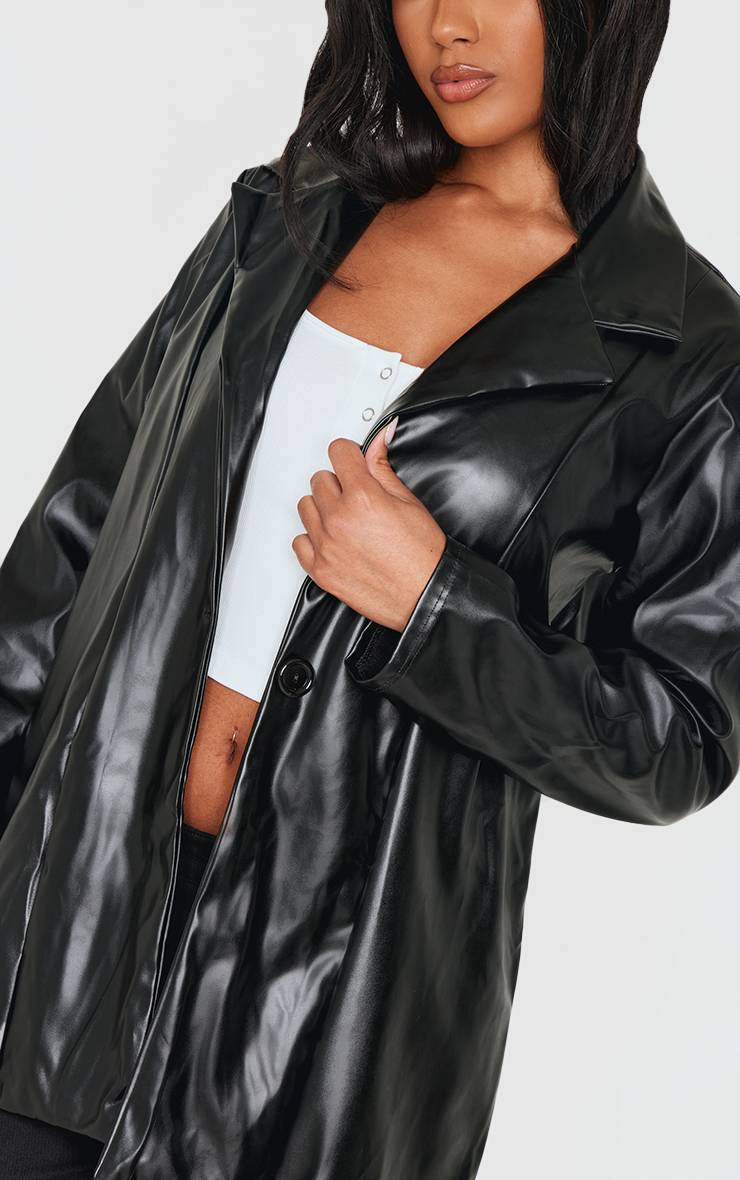 Noir Blazer Long En Synthétiquecuir Avec Détail De Revers