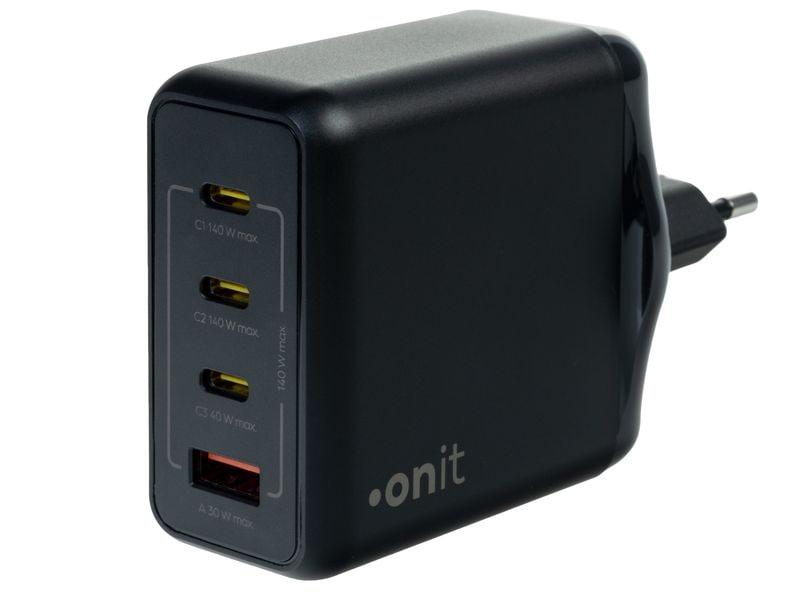 onit USB-Wandladegerät Quad 3C1A 140 W GaN Schwarz Ladeadapter mit drei USB-C-Ports und einem USB-A-Port