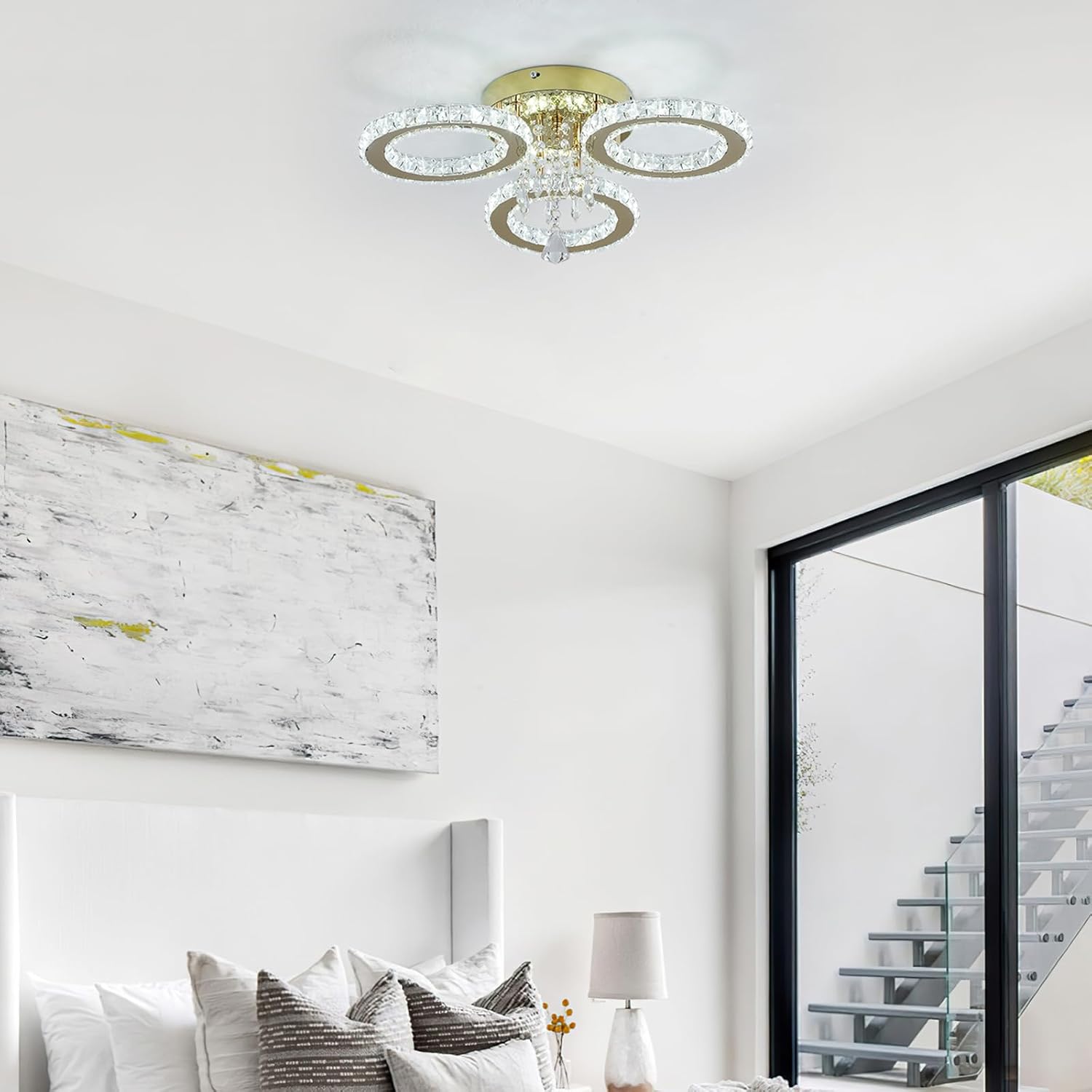 VETRULUS Moderner Kristall-LED-Kronleuchter – Goldene Deckenleuchte mit 3 Ringen, Dimmbar für Schlafzimmer, Esszimmer, Flur