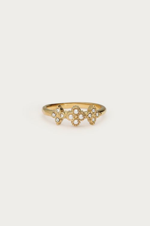 Ring klaver met strass en imitatieparels