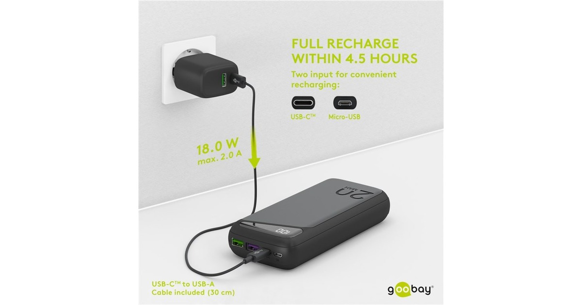 goobayQuick Charge Powerbank 20.000 mAh - 74 Wh  (Zwart, USB-C PD, QC 3.0)